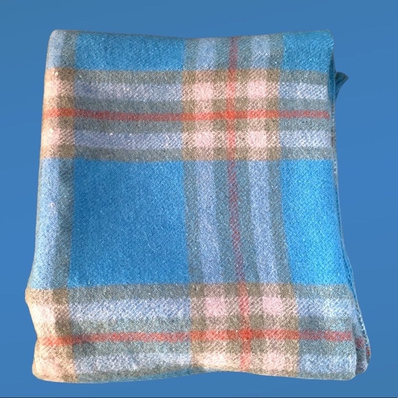 Vintage Wool Blanket Plaid Modern Farmhouse Throw Fringed Blue & Orange - Picture 5 of 9